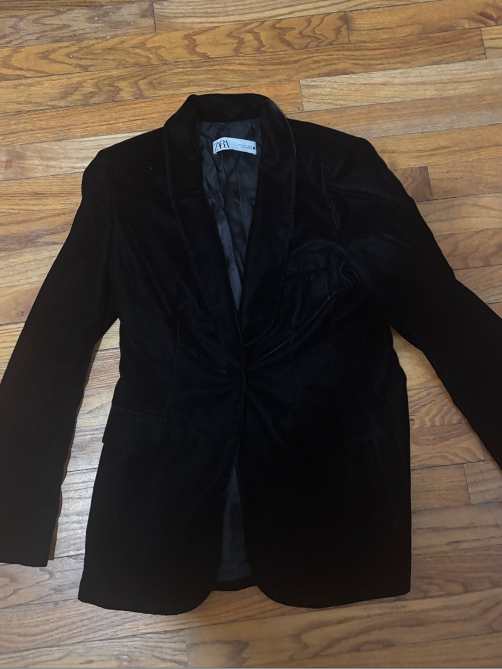 Zara Black Velvet One Button Lined Blazer Jacket w shoulder pads